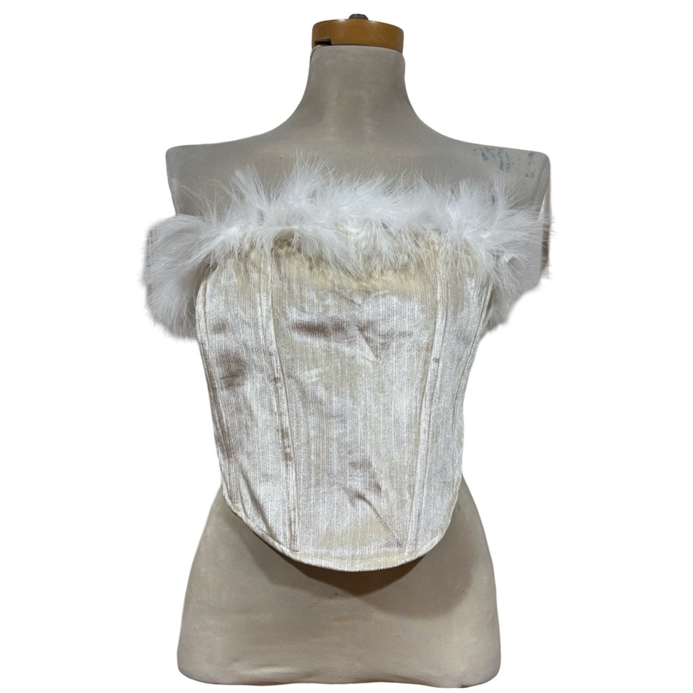 Velvet Cream Off White Faux Fur Corset Tube Top Y2K 2000s XL